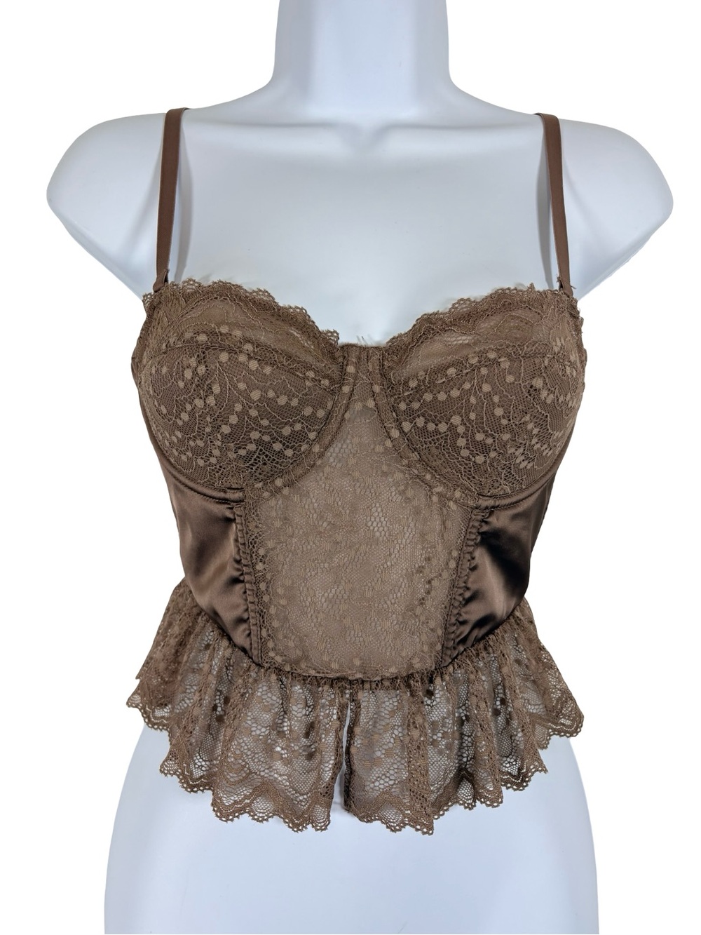 Sincerely Jules Lace Bustier Corset Top Brown Satin Peplum Size M